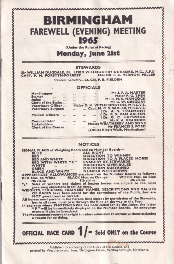 Birmingham Racecourse Farewell (Evening) Meeting 1965 Monday June 21st