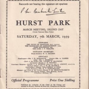 Hurst Park March Meeting Second Day Saturday 7th March 1959 Racecard