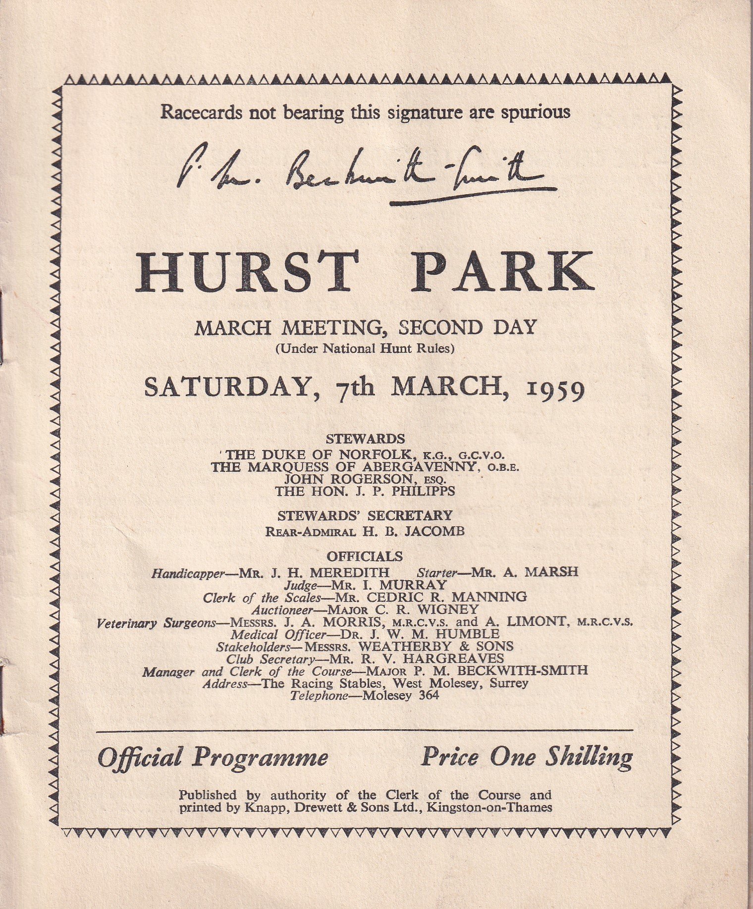 Hurst Park March Meeting Second Day Saturday 7th March 1959 Racecard