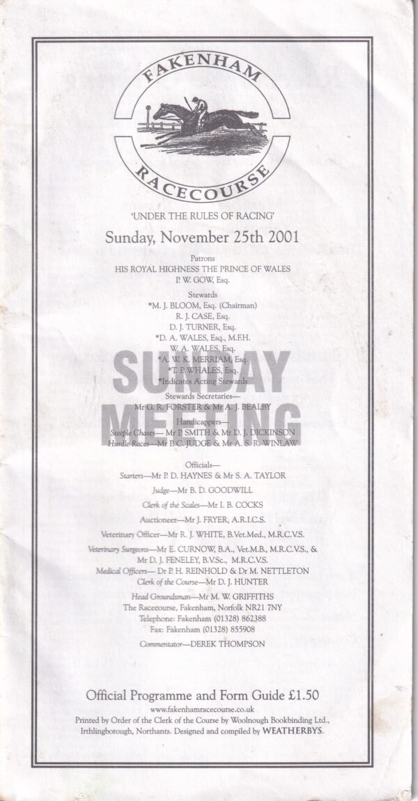 Fakenham Racecourse Sunday November 25th 2001 Racecard