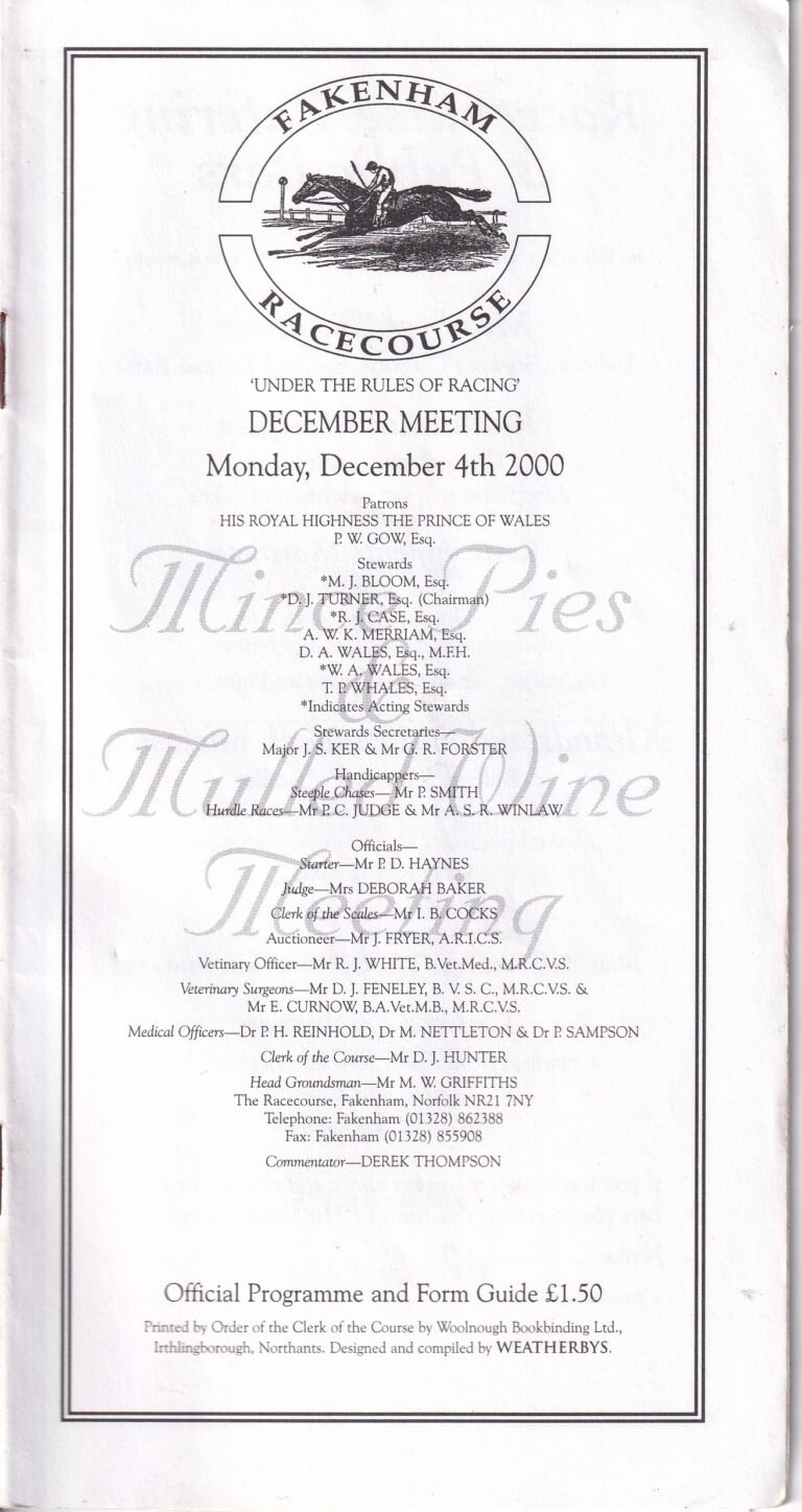 Fakenham Racecourse December Meeting Monday December 4th 2000 Racecard