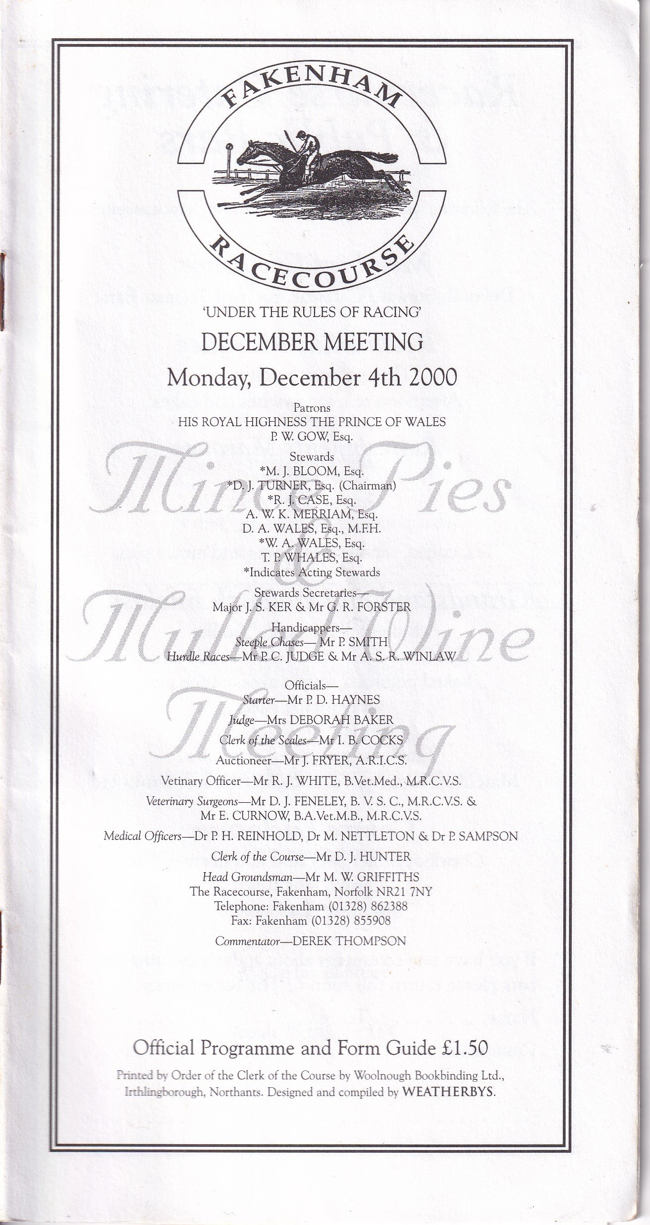 Fakenham Racecourse December Meeting Monday December 4th 2000 Racecard