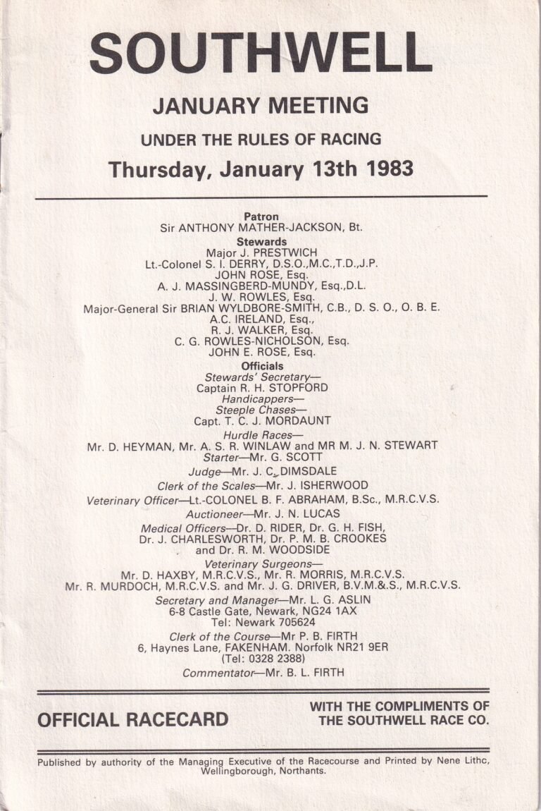 Southwell January Meeting Thursday January 13th 1983 Official Racecard