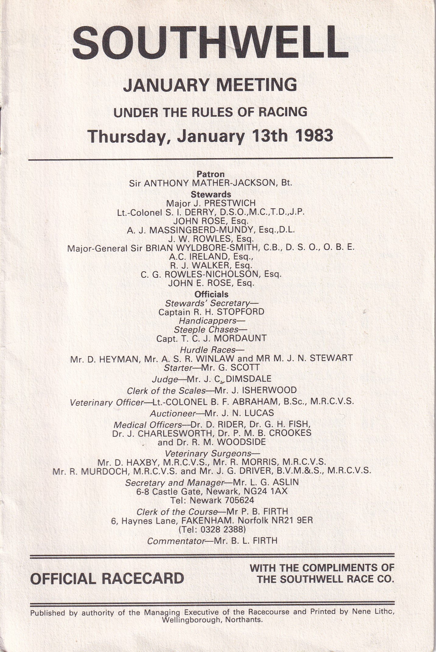 Southwell January Meeting Thursday January 13th 1983 Official Racecard