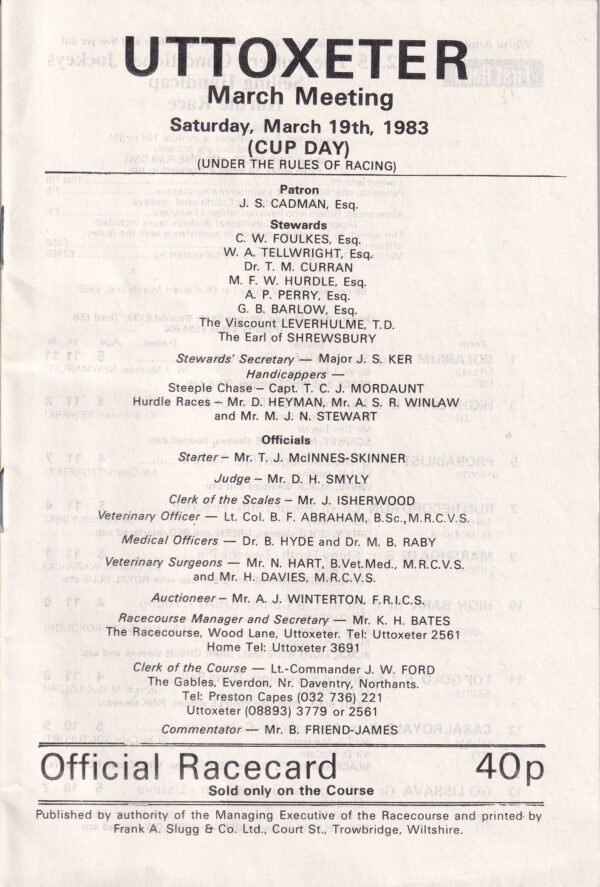 Uttoxeter March Meeting Saturday March 19th 1983 (Cup Day)