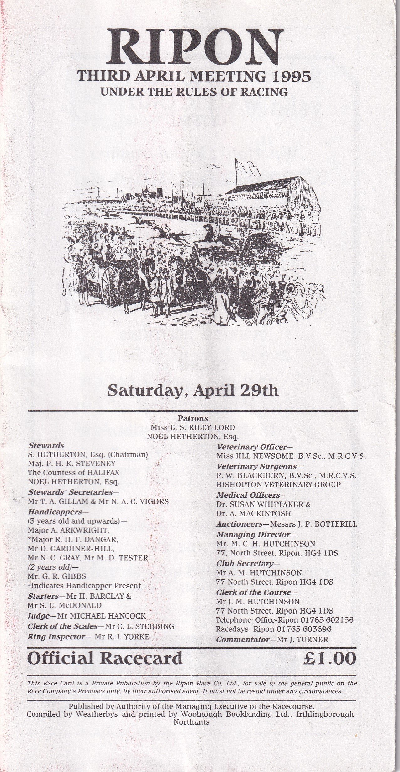 Ripon Third April Meeting 1995 Saturday April 29th Official Racecard