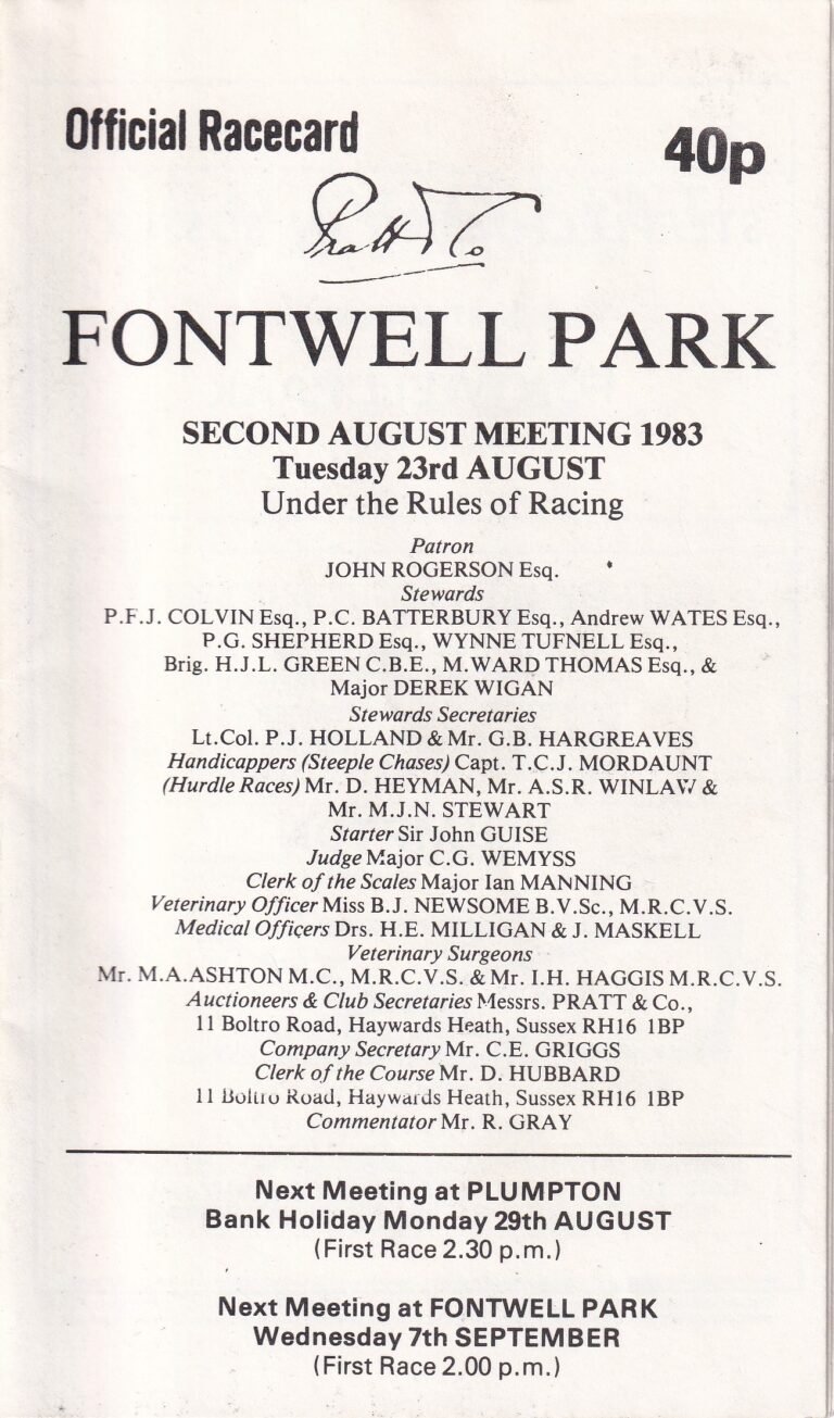 Fontwell Park Second August Meeting 1983 Tuesday 23rd August Official Racecard