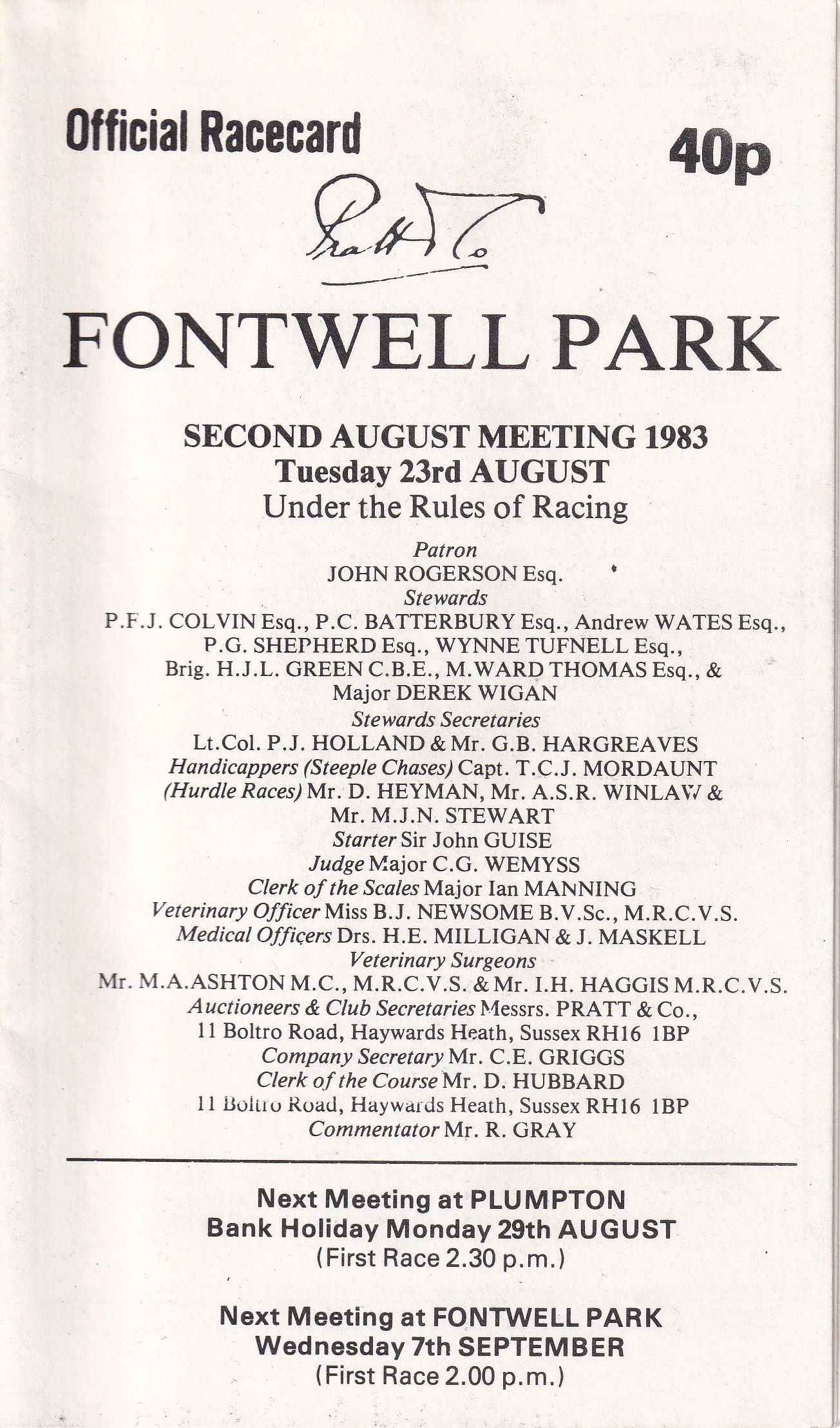 Fontwell Park Second August Meeting 1983 Tuesday 23rd August Official Racecard