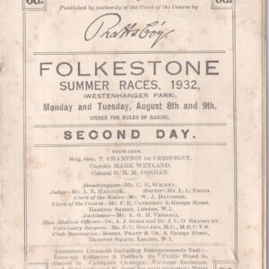 Folkestone Summer Races 1932 Westenhanger Park Tuesday 9th August Racecard