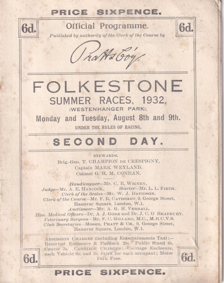 Folkestone Summer Races 1932 Westenhanger Park Tuesday 9th August Racecard