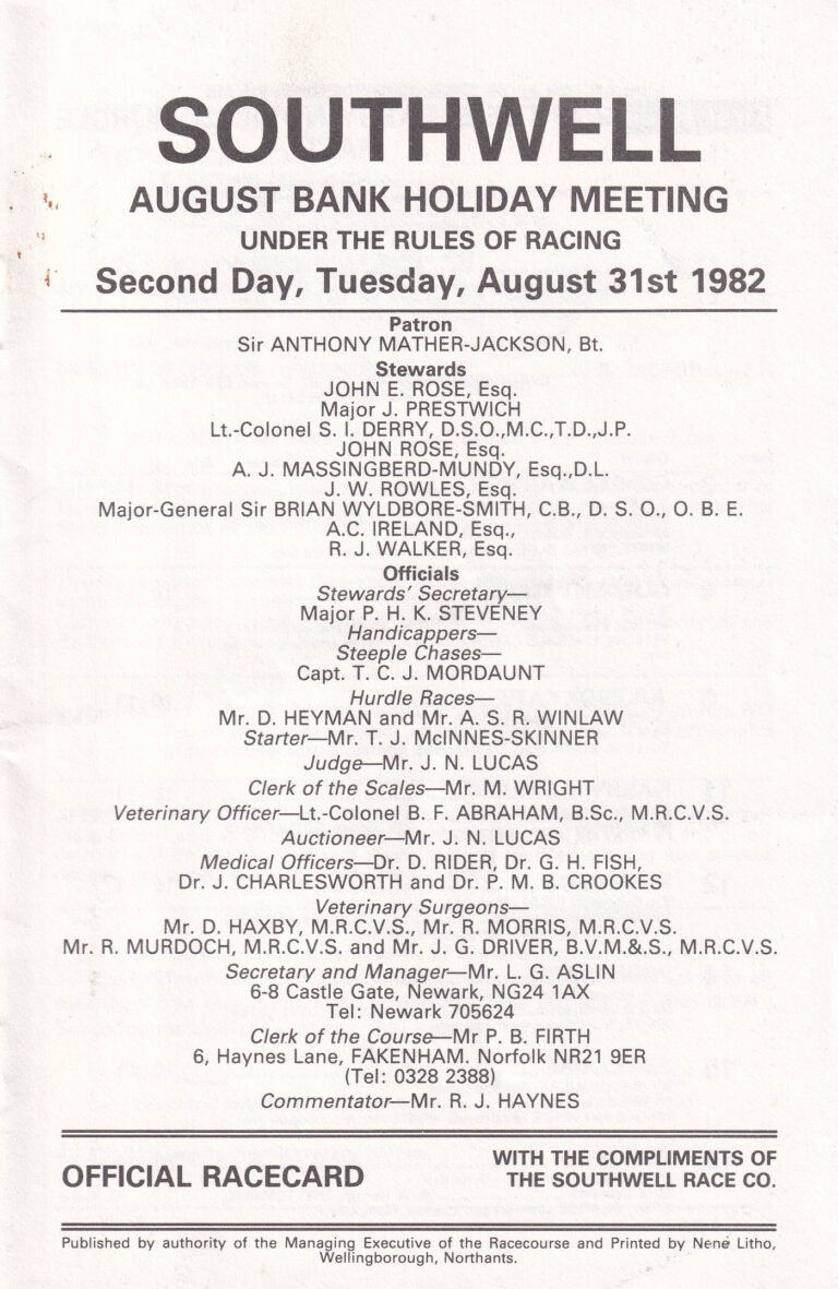 Southwell August Bank Holiday Meeting Second Day Tuesday August 31st 1982