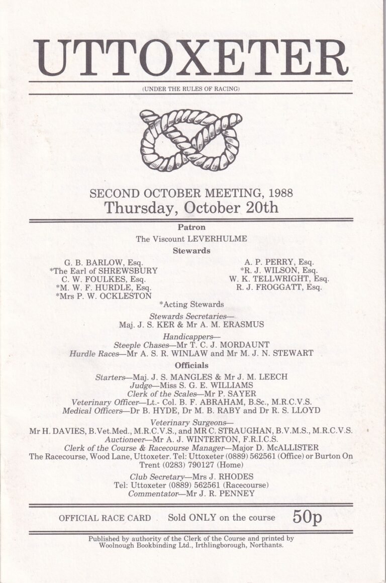 Uttoxeter Second October Meeting 1988 Thursday October 20th Official Race Card