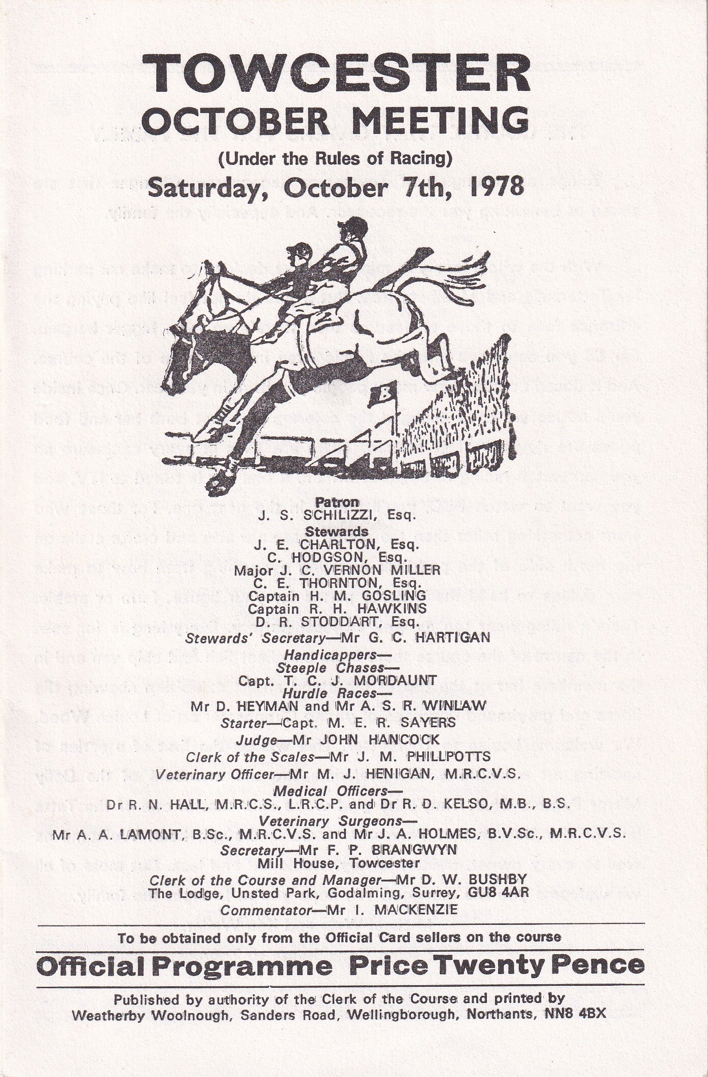 Towcester October Meeting Saturday October 7th 1978 Official Programme