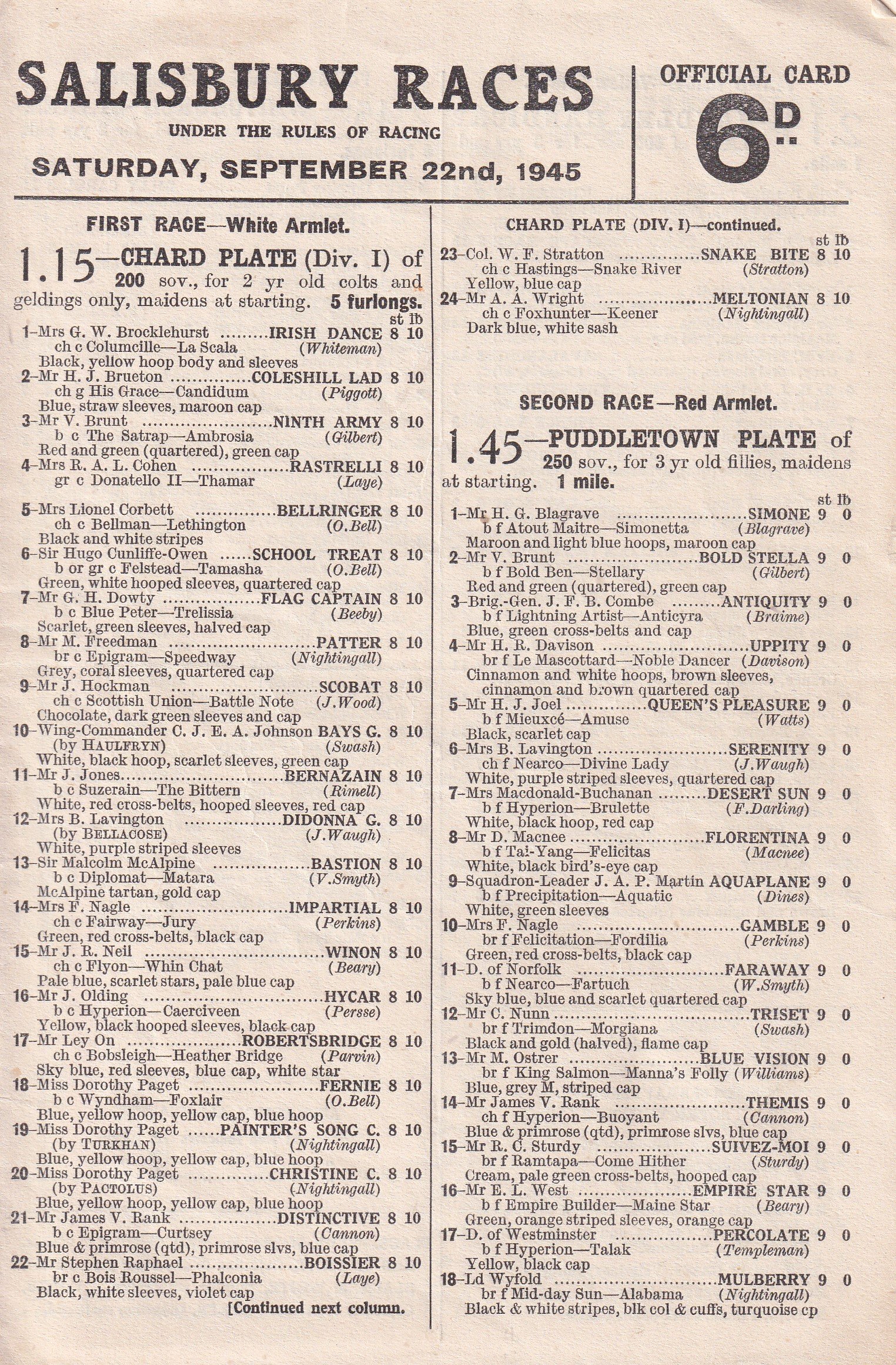 Salisbury Races Saturday September 22nd 1945 Official Card