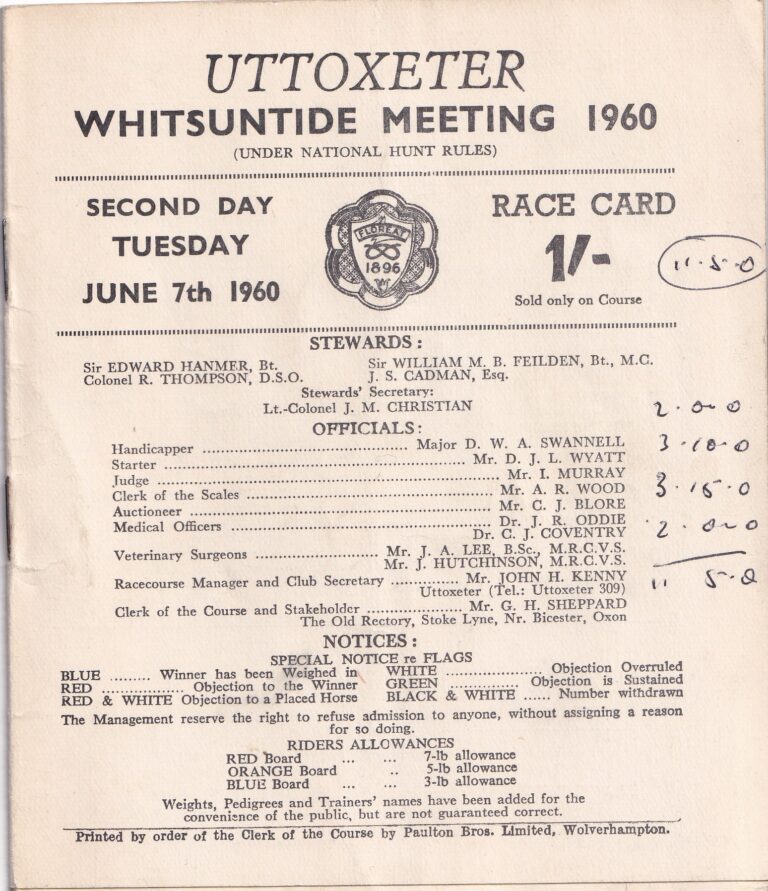Uttoxeter Whitsuntide Meeting Second Day Tuesday June 7th 1960 Racecard