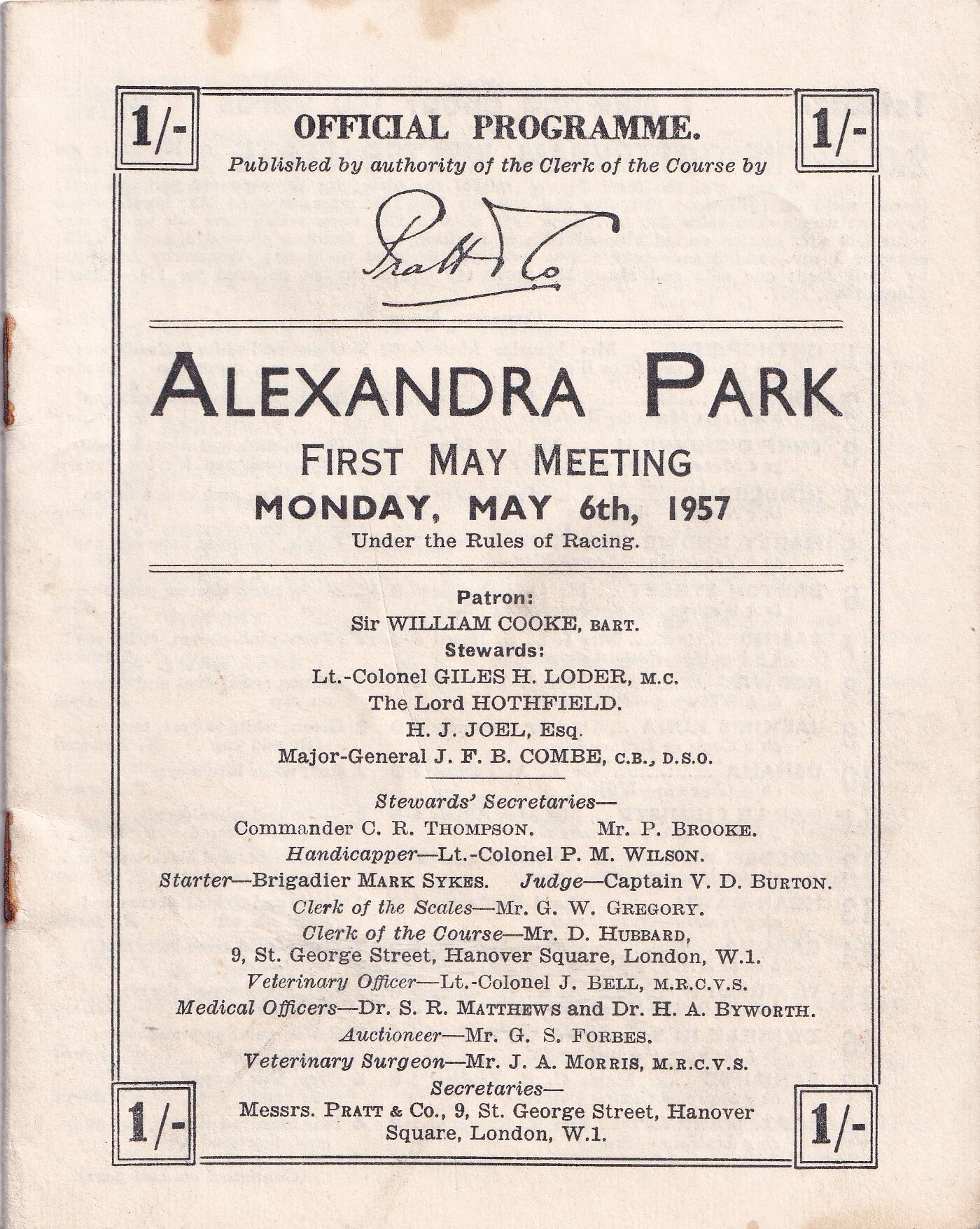 Alexandra Park Racecard First May Meeting 6th May 1957 | Vintage Racing Memorabilia