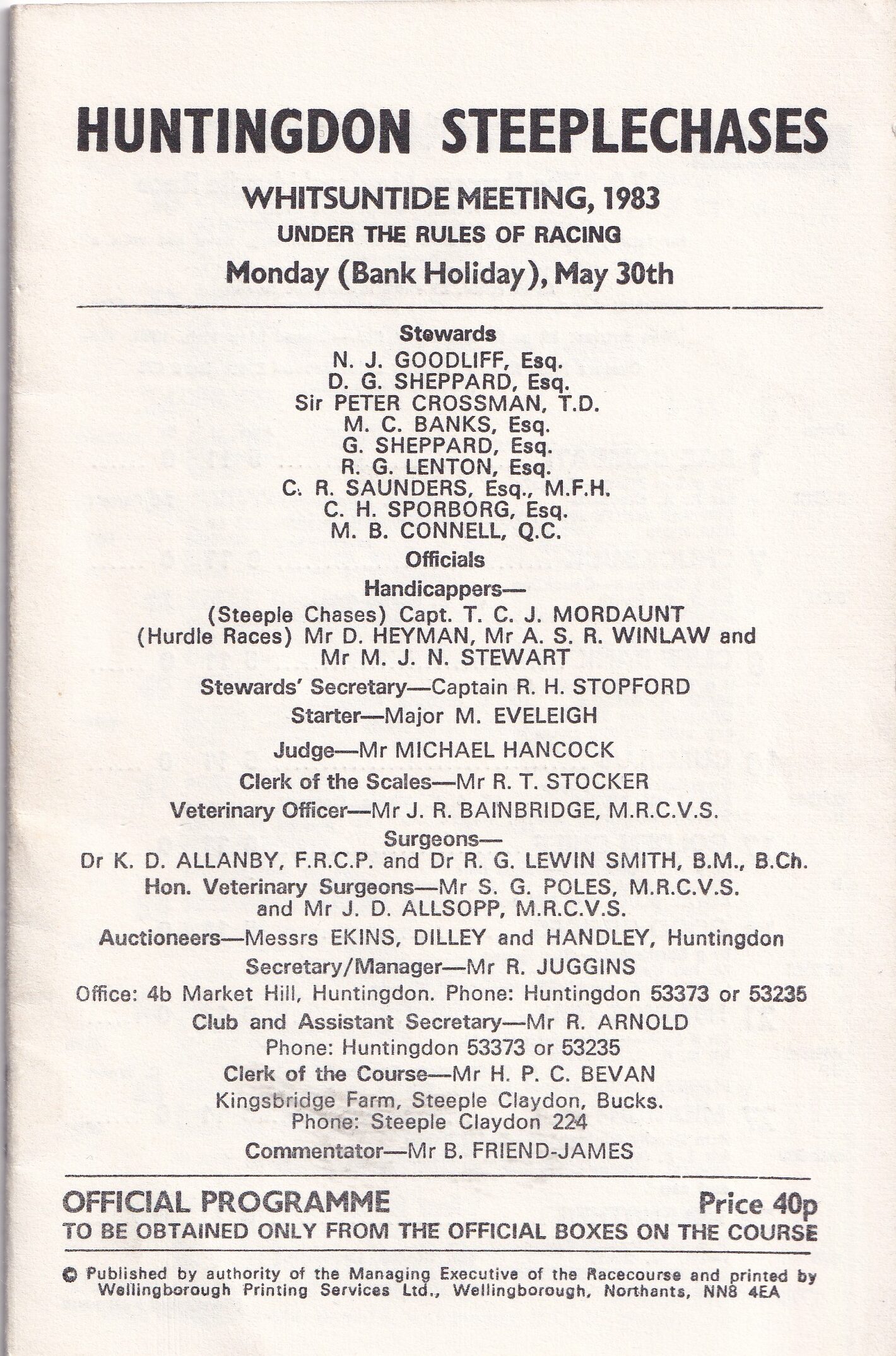 Huntingdon Steeplechases Whitsuntide Monday (Bank Holiday) May 30th 1983 Racecard