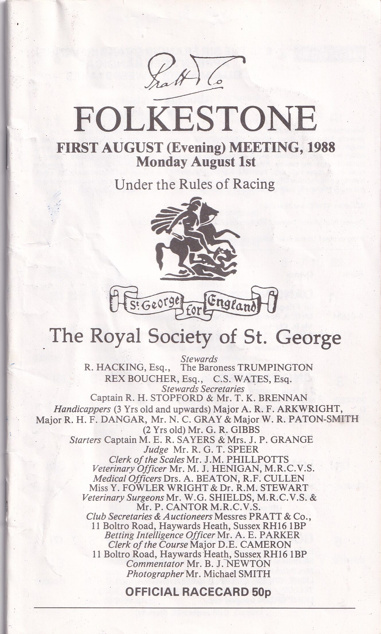 Folkestone Racecard Monday August 1st 1988 | Vintage Racing Memorabilia
