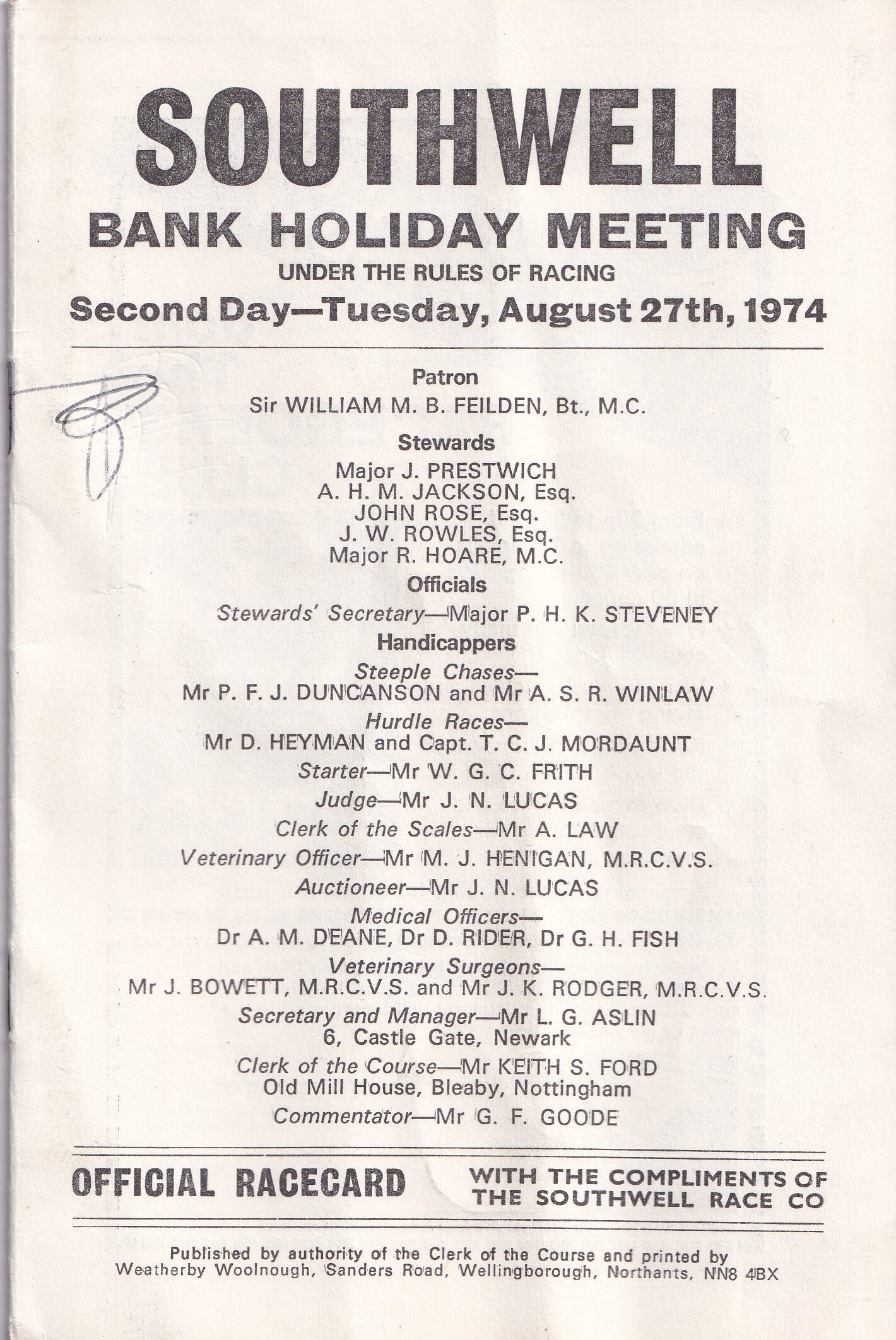 Southwell Races Tuesday August 27th 1974 Racecard